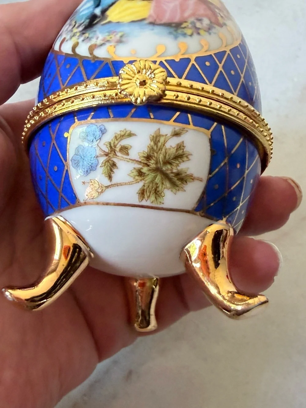 Blue Decorative Porcelain Egg Trinket Box with Gold Accents